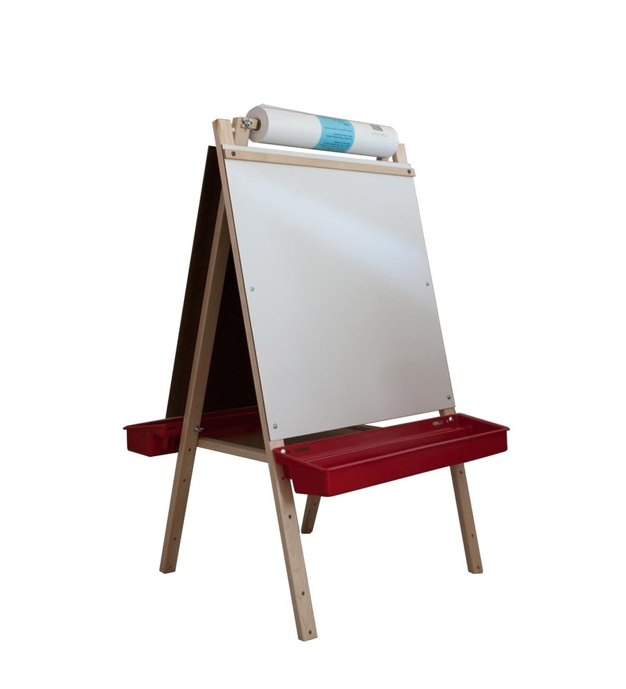 Kids Easel with Paper Roll Wooden Art Easel with Chalkboard & White Board  Painting Accessories Storage Tray Double-Sided Board Height Adjustable